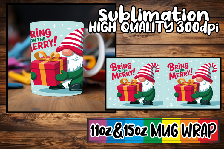 Joyful nights sublimation mug wrap, Holiday Gnome