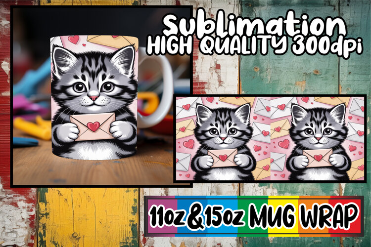 Cheerful hearts sublimation mug wrap, Valentines Cat example image 1