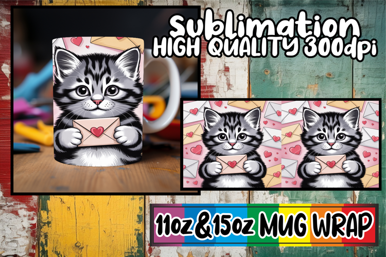 Cheerful hearts sublimation mug wrap, Valentines Cat