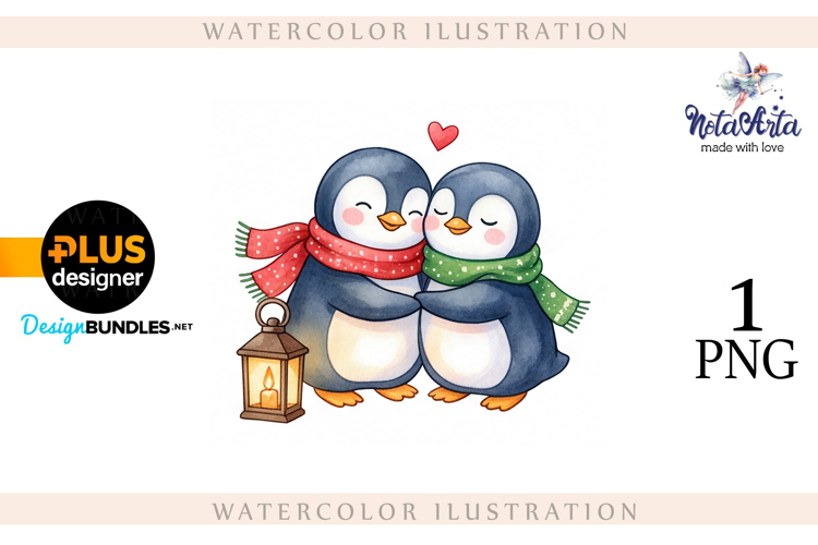 Christmas Penguins in Watercolor Style