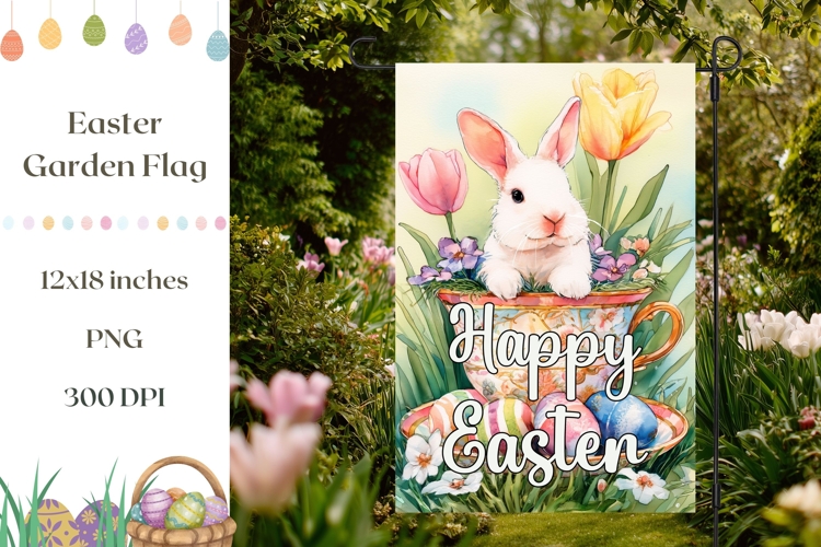 Happy Easter Garden Flag PNG, Watercolor Easter Bunny PNG
