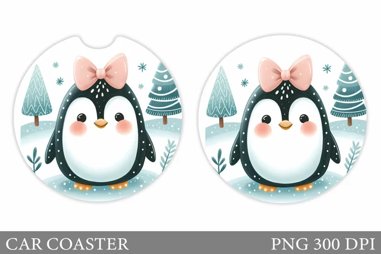 Cute Penguin Car Coaster. Christmas Car Coaster Design