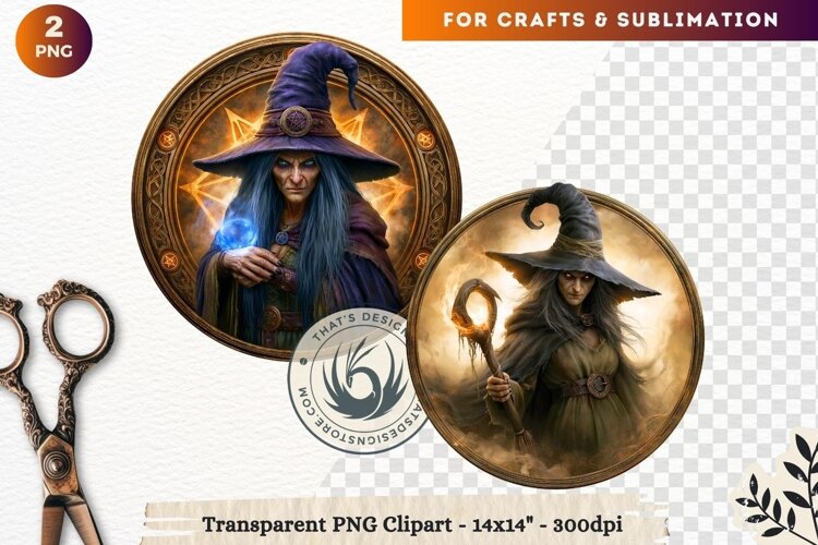 Dark Fantasy Halloween Witches Medallion Clipart sublimation example image 1