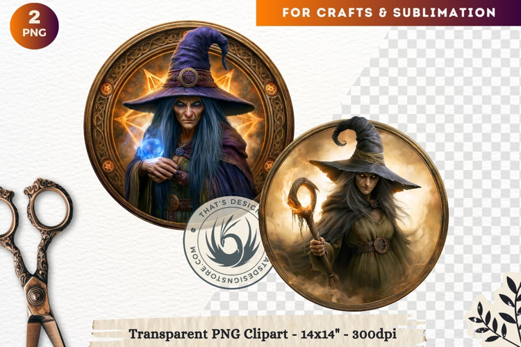 Dark Fantasy Halloween Witches Medallion Clipart sublimation