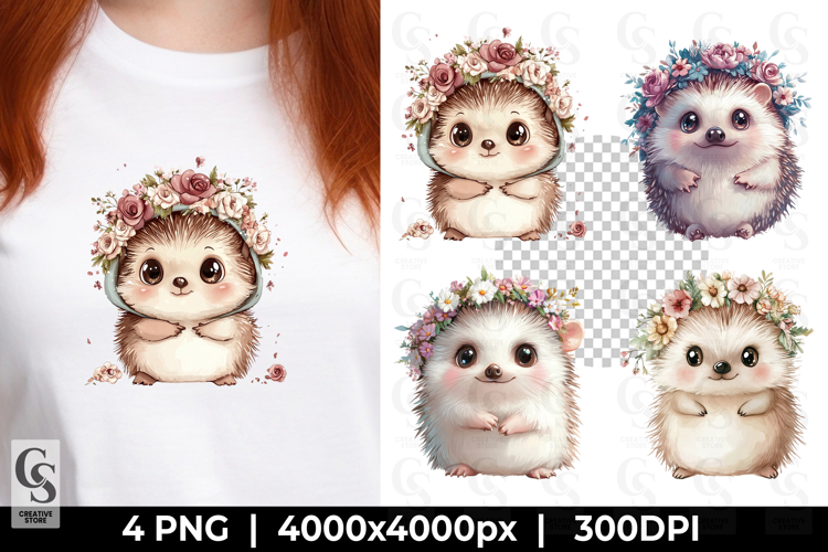 Cute Hedgehog with Flowers Kawaii Animal Clipart PNG