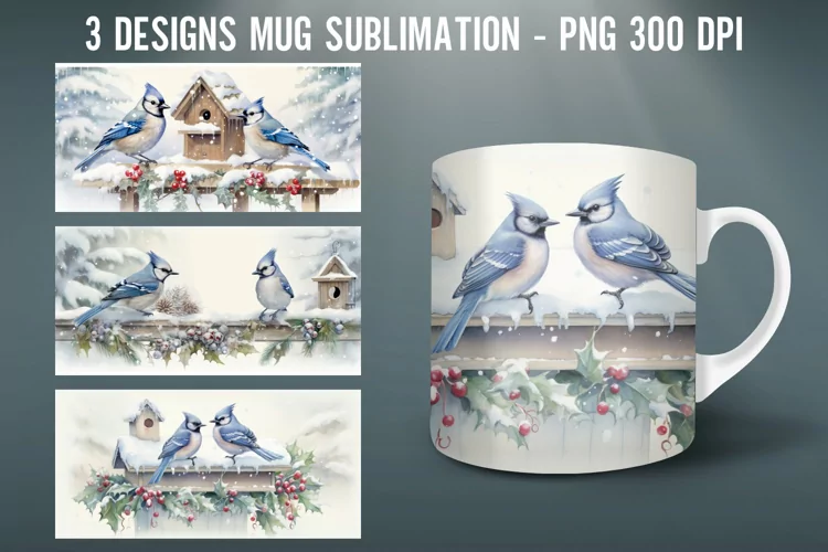 Winter Bulebird Mug Wrap Sublimation Designs|Winter Mug