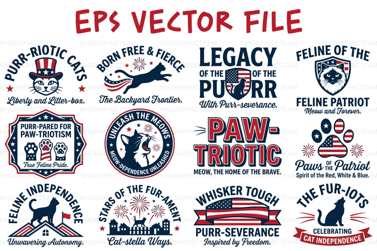 Patriotic Cat 4th of July Funny Badge Bundle T-Shirt EPS Set