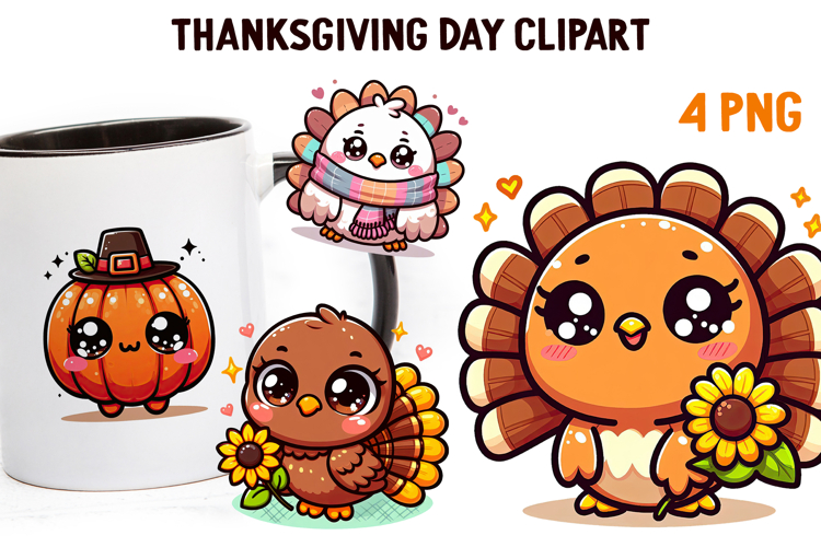 Cute Kawaii Thanksgiving Clipart | Fall Pumpkin Turkey PNG