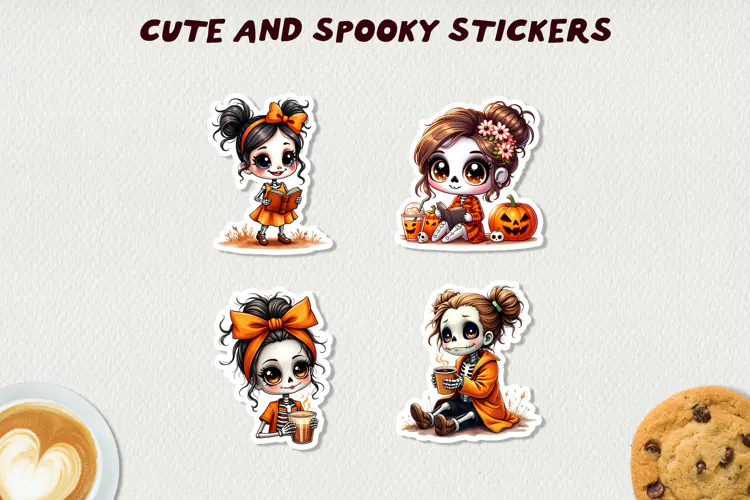 Spooky Skeleton Girls Stickers Halloween Clipart Kawaii Fall