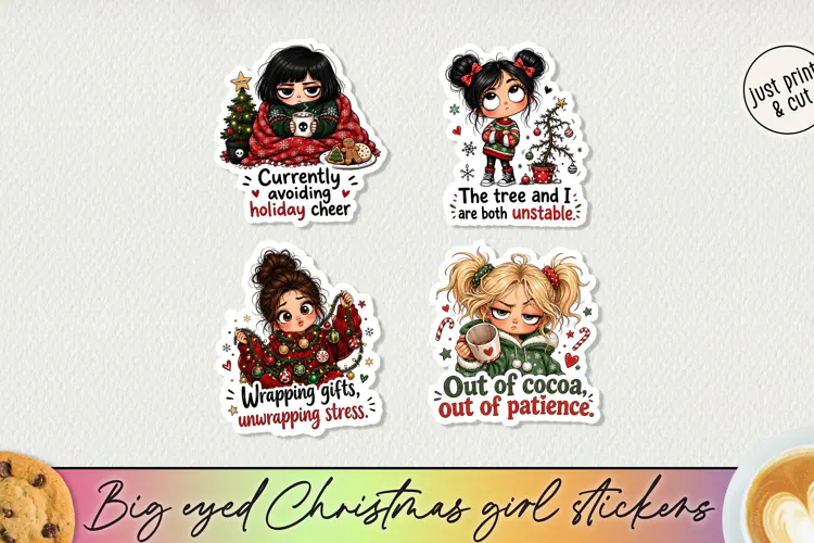 Big Eyed Christmas Girl Stickers PNG, Funny Holiday Girl