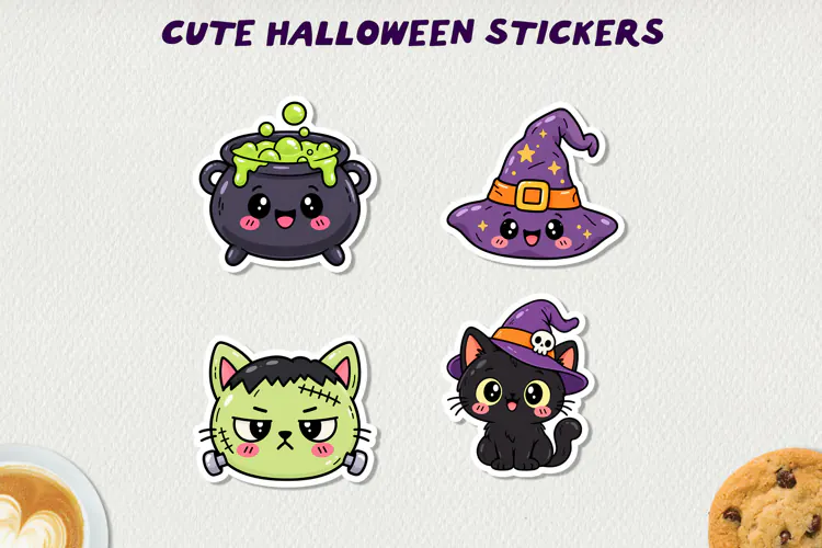 Cute Halloween Printable Stickers, Kawaii Spooky PNG.