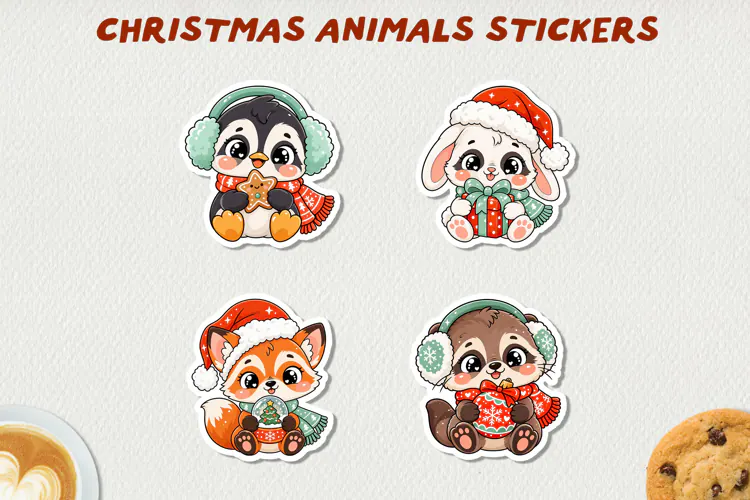 Cute Christmas Animals Printable Stickers.