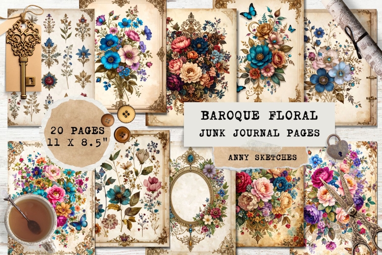 20 Floral Baroque Vintage Junk Journal Pages Bundle