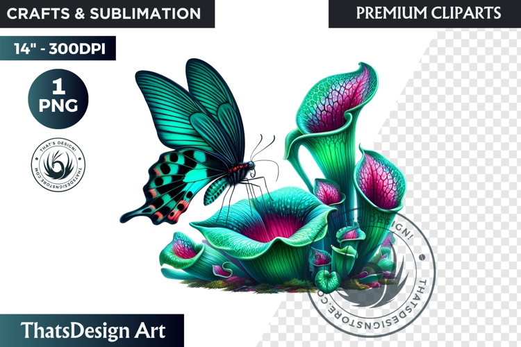 Tropical Butterfly & Flower Clipart: Vibrant floral PNG