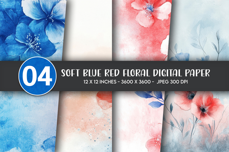 Soft Blue Red Floral Digital Paper