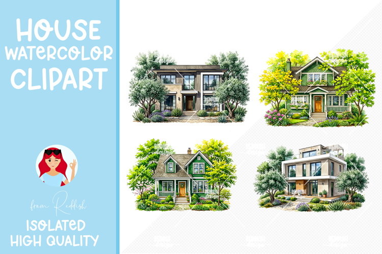 4 Cozy Watercolor House Clipart
