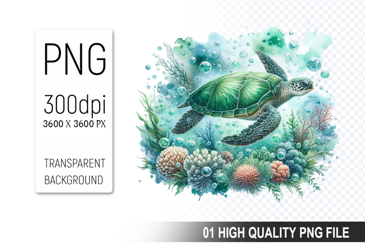 Floral Sea Turtle Clipart, Watercolor Sea Turtle PNG File