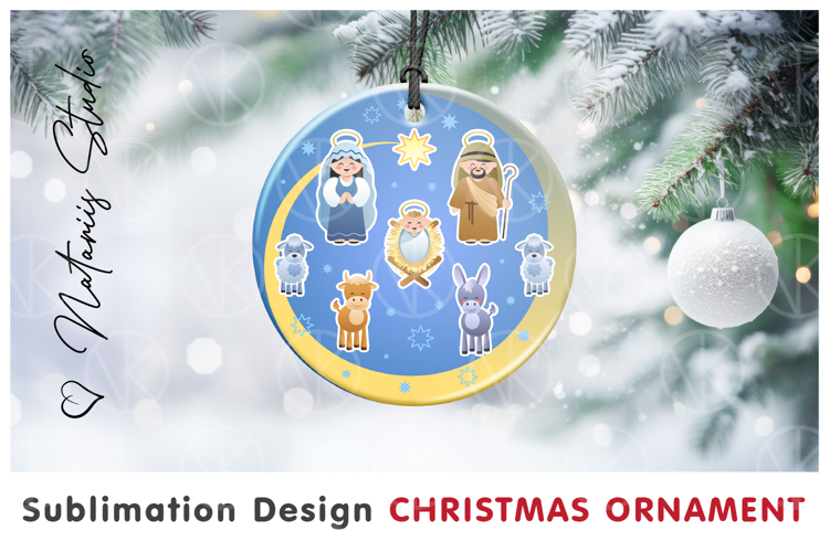 Cute Christmas Holy Family Ornament. Sublimation design.