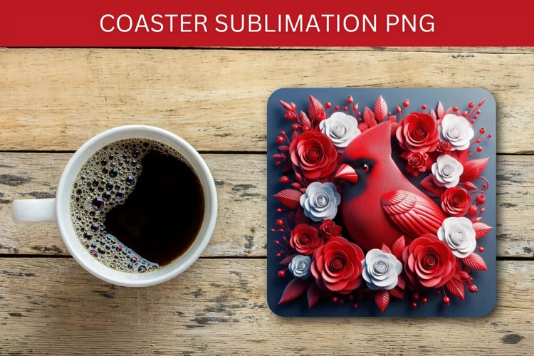 square coaster - 3d cardinal bird