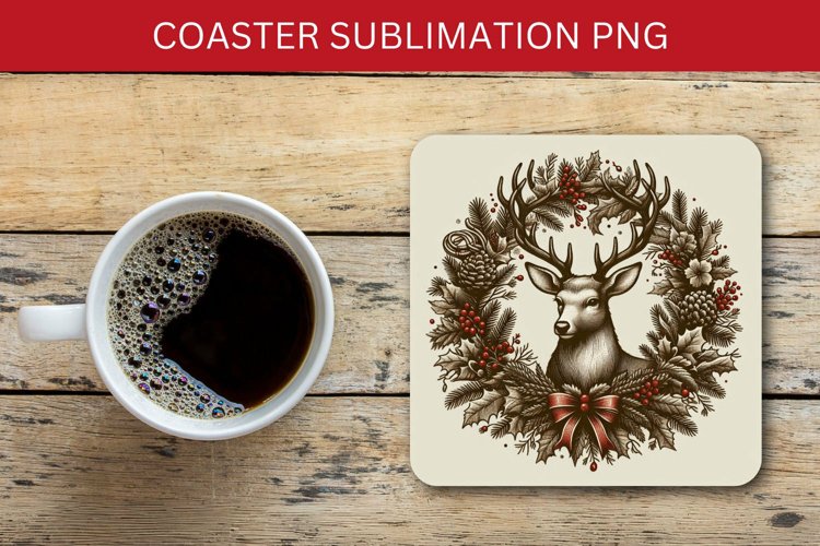 square coaster - reindeer in wreath example image 1