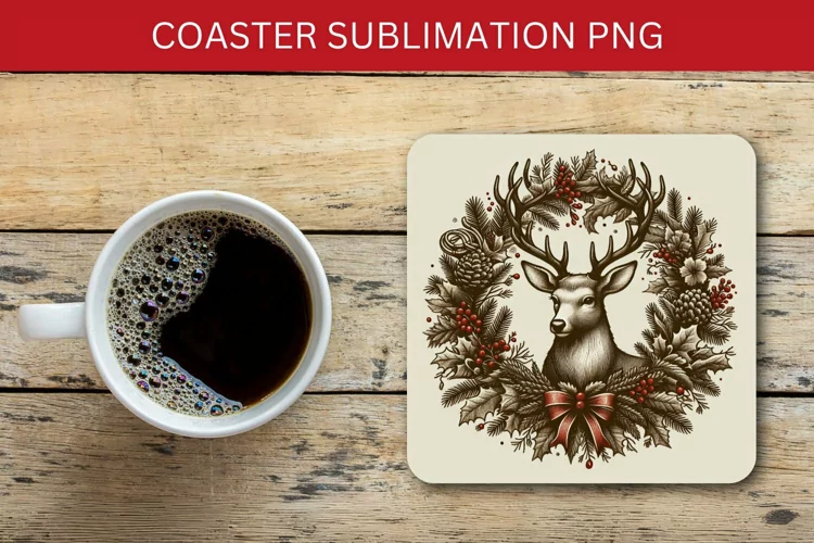square coaster - reindeer in wreath