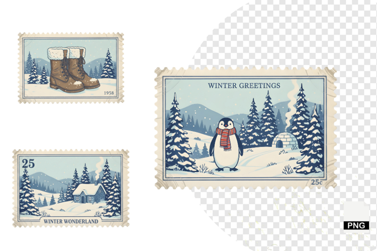 Vintage Winter Postage Stamps Clipart