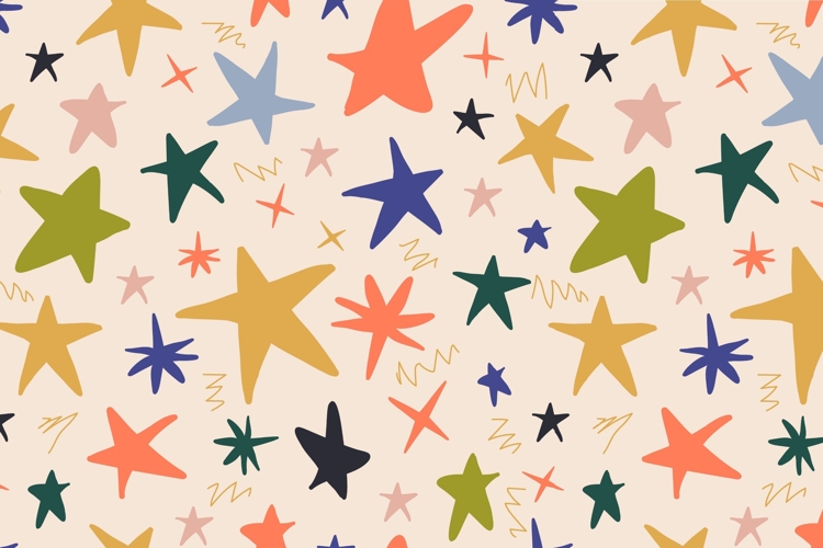 Beige whimsical Christmas pattern with colorful stars a