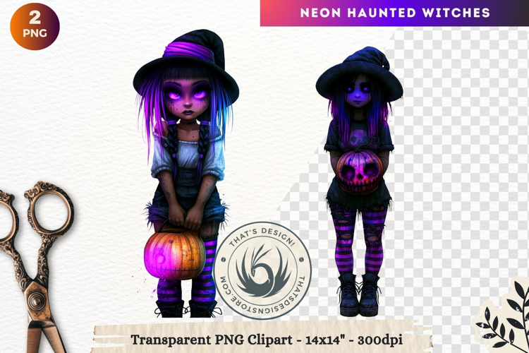 Neon Haunted Witches Clipart, Spooky Kawaii Halloween PNG