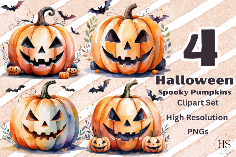 Watercolor Spooky Pumpkin Clipart Set | Halloween PNGs