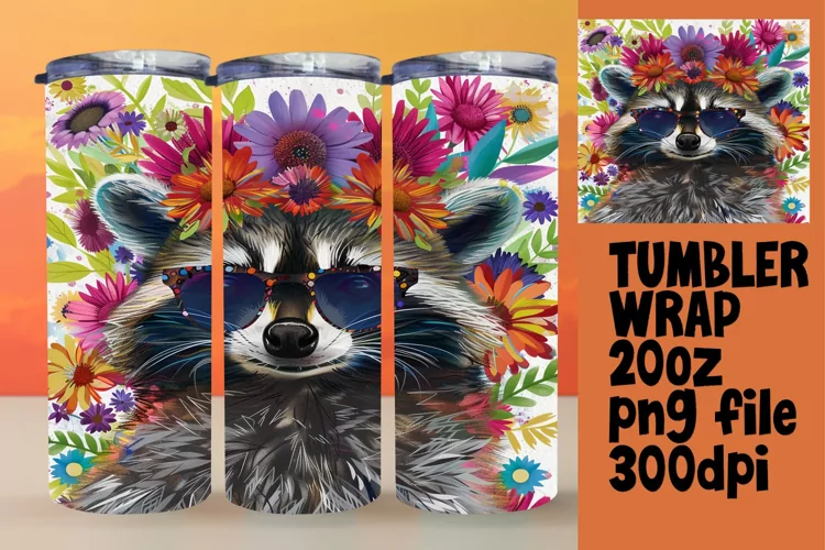 Tumbler Wrap: Colorful Raccoon & Flower Sublimation