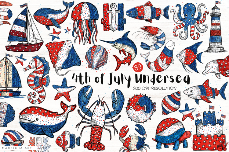 4th of July Undersea Life Clipart example image 1