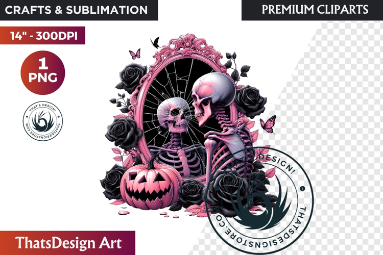 Pink & Black Gothic Halloween Skeleton Clipart PNG, Skull