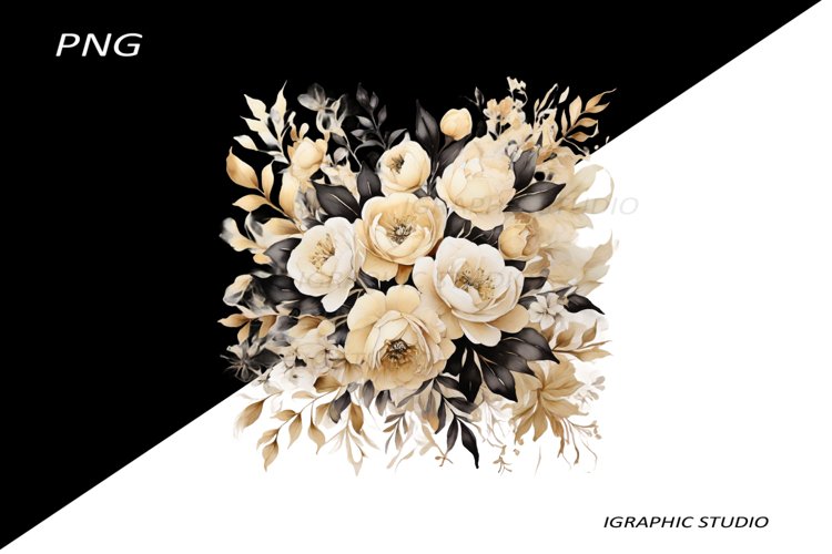 Black and Gold Flowers PNG, Watercolor Floral, Bouquet