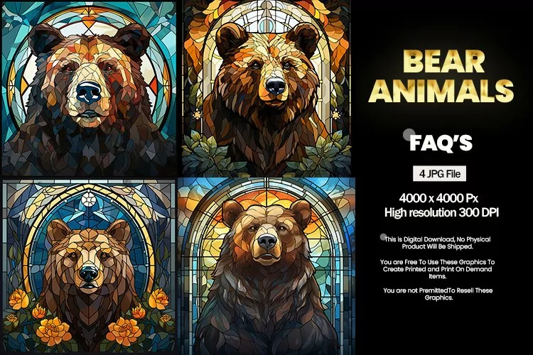 Bear Stained Glass Square Coaster - 04 Variations