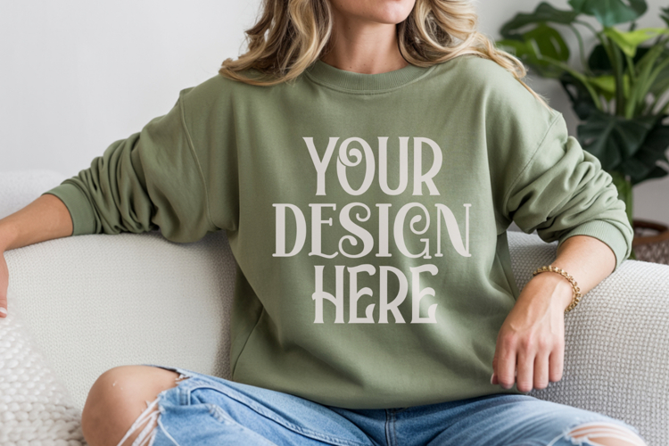 Military Green Gildan 18000 Mockup, Sweatshirt Crewneck Mock