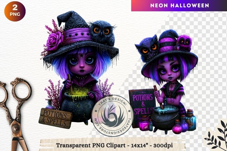 Neon Halloween Character Clipart Spooky Kawaii witch PNG example image 1