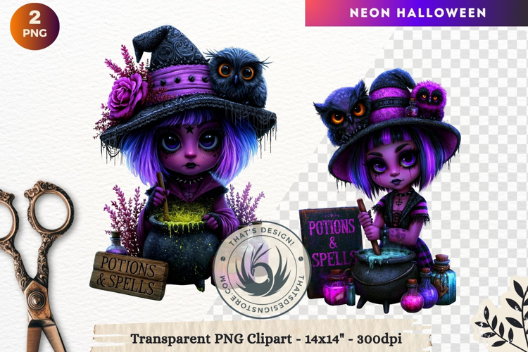Neon Halloween Character Clipart Spooky Kawaii witch PNG