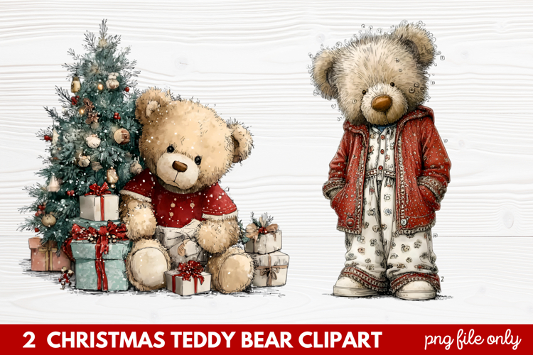 2 Christmas Teddy Bear Clipart | Cute Holiday Bear PNG Illus