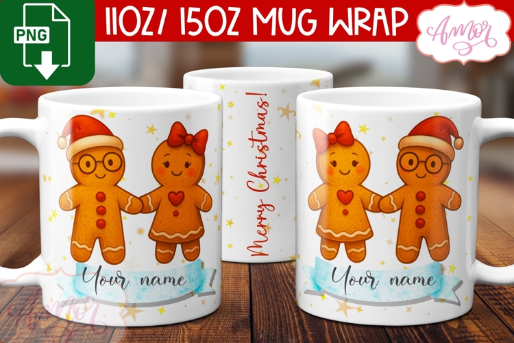Cute Christmas mug wrap PNG, Gingerbread cookie mug template