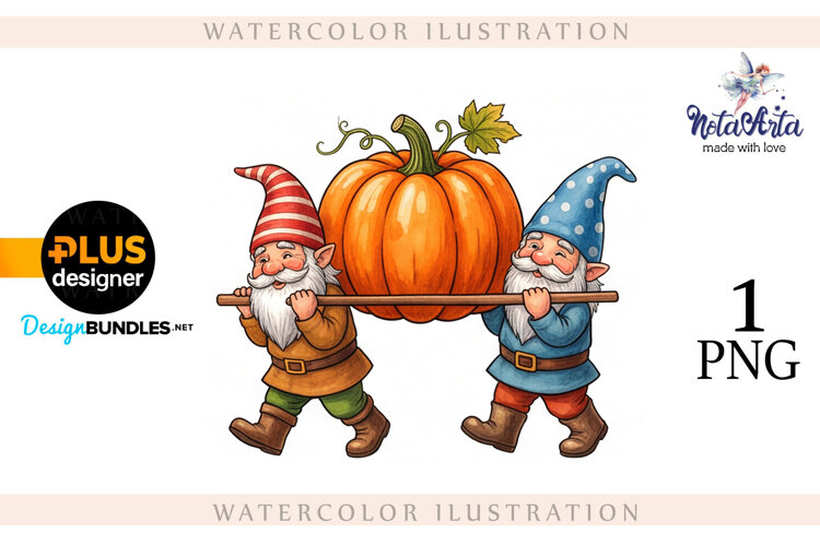 Gnomes with Pumpkin Harvest in Watercolor Style example image 1