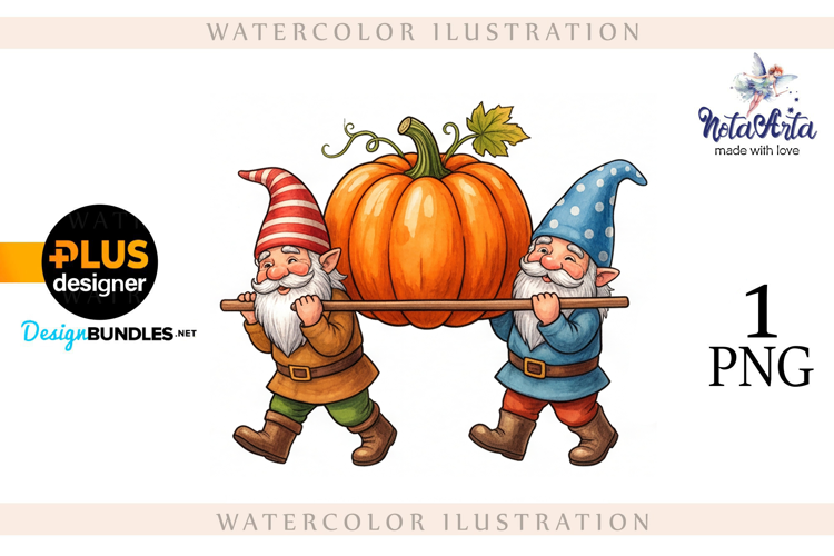Gnomes with Pumpkin Harvest in Watercolor Style