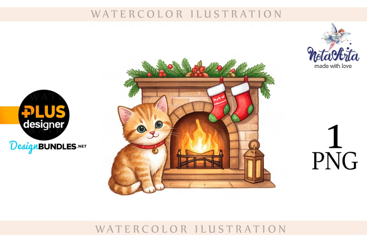 Christmas Kitten in Watercolor Style