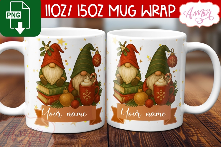 Cute Christmas mug wrap PNG, Christmas gnome mug template