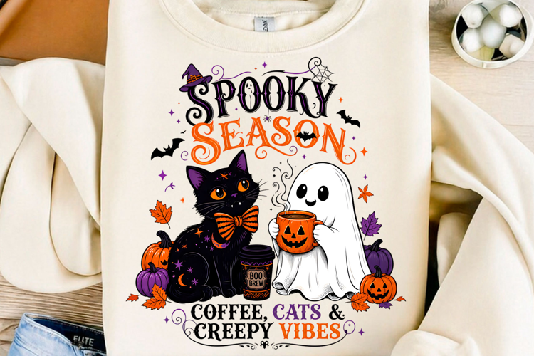 Spooky Season Coffee Cats & Creepy Vibes Halloween PNG