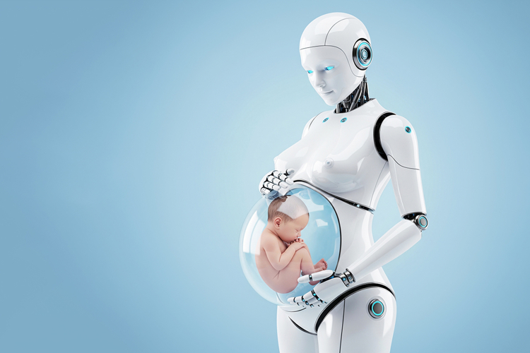 pregnancy robot mother with human baby in artificial womb