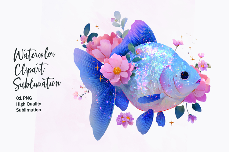 Blue Fish with Flower Crown Watercolor Clipart Sublimation