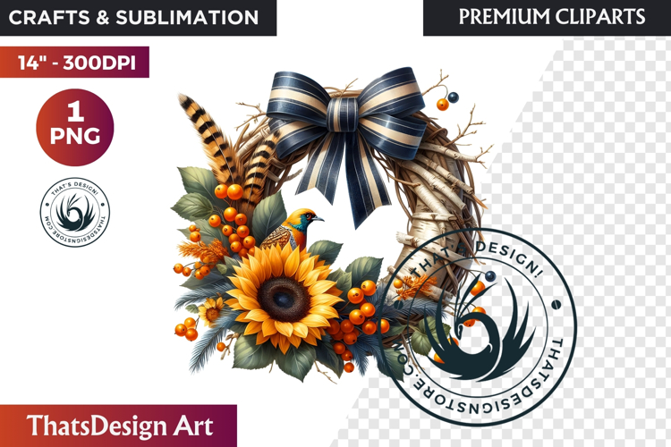 Sunflower Autumn Wreath - Rustic Farmhouse Harvest PNG
