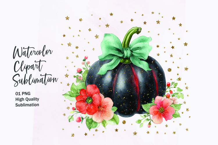 Floral Pumpkin with Bow Watercolor Clipart Sublimation