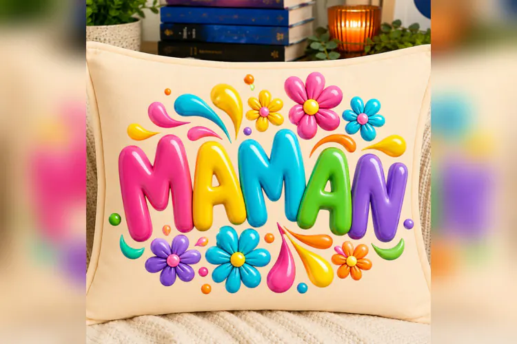 Maman Floral PNG, Colorful Mom Design, Retro Bubble Letter