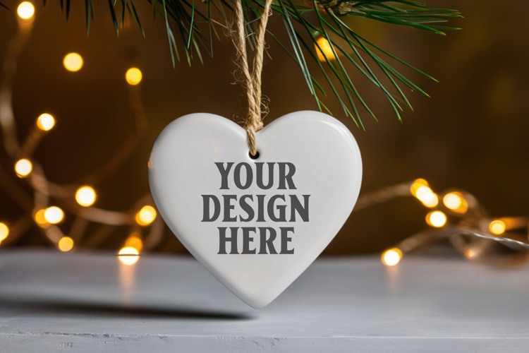 Romantic Christmas Ceramic Heart Ornament Mockup | Holiday